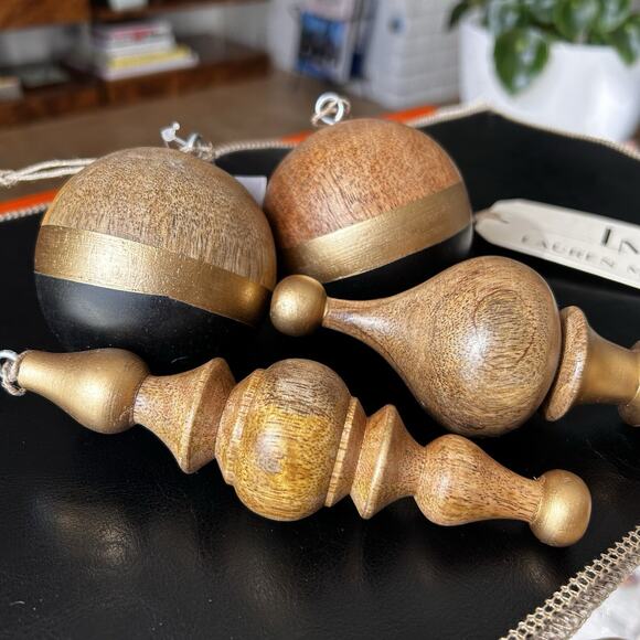 NEW Set of 4 Painted Wooden Ball & Finial Ornaments by Lauren McBride Black/Gold - Picture 7 of 12
